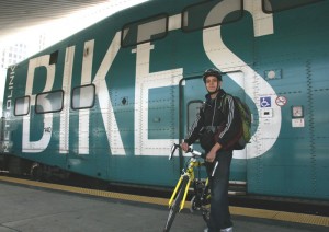 Metrolink rider Kriti Sen Sharma exits the Bike Car at L.A. Union Station