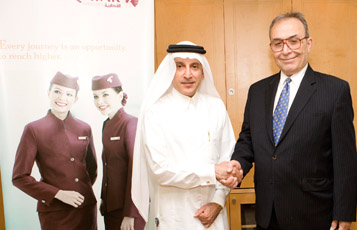 Qatar Airways CEO Akbar Al Baker (left) pictured with Carnegie Mellon University in Qatar, Dean and CEO Dr. Ilker Baybars