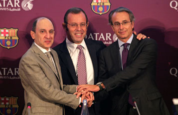Qatar Airways CEO Akbar Al Baker, left, at a press conference in Barcelona to announce the launch of the airline’s partnership with football giants FC Barcelona. With him are Club president Sandro Rosell, centre, and club Vice-President for Economy and Strategy, Javier Faus