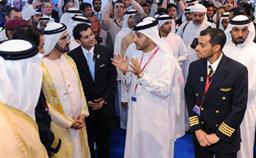 His Highness Sheikh Mohammed bin Rashid Al Maktoum, UAE Vice President, Prime Minister and Ruler of Dubai views the scale model of Emirates Flight Academy at the Dubai Air Show. Explaining the initiative, is Adel Al Redha, Emirates Executive Vice President & Chief Operations Officer. With him is Capt Abdulla Al Hammadi, Emirates’ National Cadet Pilot Manager.