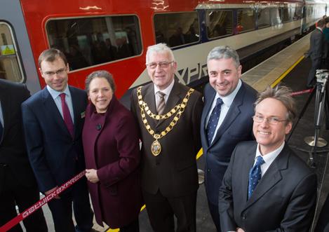 Gatwick Airport rail station opens a new platform, signalling improved experience and reliability for passengers and commuters. Left to Right, Chris Burchell Managing Director of Southern, Baroness Kramer, Cllr Bob Burgess Mayor of Crawley, Stewart Wingate CEO of London Gatwick, Henry Smith MP for Crawley Terms of Use All images are for editorial purposes only and cannot be used for commercial purposes without the direct permission of the Gatwick Airport press office: gatwickmedia@gatwickairport.com or call 01293 505000.