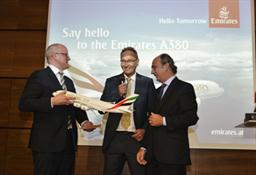 Julian Jaeger, CEO of Vienna International Airport is handed a commemorative gift from Thierry Aucoc, Senior Vice President Commercial Operations for Europe and the Russian Federation.