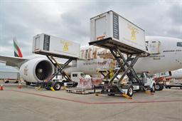 Cargo being offloaded from Emirates’ Boeing 777-200LR at Chicago’s at O'Hare International Airport