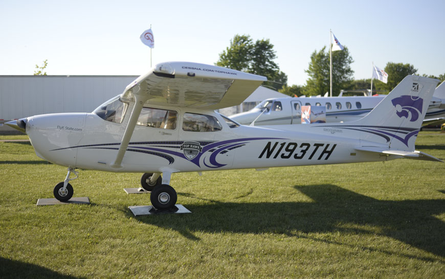 Cessna Aircraft Company showcases two of the Top Hawk-branded Cessna Skyhawk aircraft at the Experimental Aircraft Association AirVenture in Oshkosh, Wisconsin  