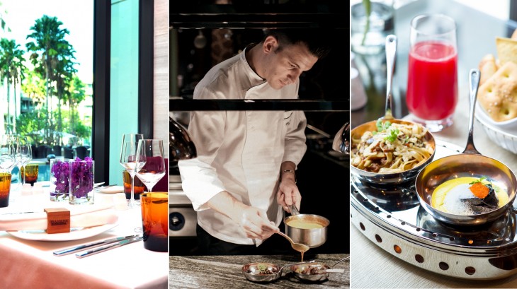 Pictures from left: Dine with a view at Brasserie Europa; new Executive Sous Chef Carlo Valenziano in action; and two of the new main courses – Maine lobster ravioli and French duck ragout fettuccini