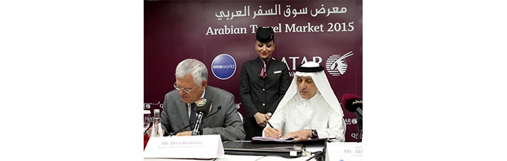 Qatar Airways Group Chief Executive, His Excellency Mr. Akbar Al Baker (right) and Royal Air Maroc Chairman and CEO, Mr. Driss Benhima signing the Joint Business agreement during a press conference at ATM Dubai in May this year.