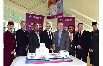 Pictured with a celebratory cake replicating the iconic Museum of Islamic Art in Doha are, left to right; Mr. Richard Oliver, Qatar Airways Country Manager U.K. & Ireland; His Excellency Mr. Ajay Sharma, U.K Ambassador to Qatar; Mr. Paul Kehoe, Chief Executive Officer of Birmingham Airport; Dr. Hugh Dunleavy, Qatar Airways Chief Commercial Officer; His Excellency Mr. Hamad Al Muftah, Qatari Deputy Ambassador to the U.K. and Mr. Jonathan Harding, Qatar Airways Senior Vice President NSW Europe.