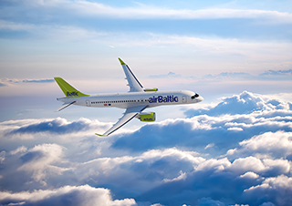 CS300 aircraft in airBaltic’s livery