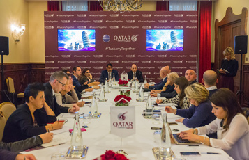 Qatar Airways Group Chief Executive, His Excellency Mr. Akbar Al Baker with His Excellency Abdulaziz Bin Ahmed Al Malki, Qatar’s Ambassador to Italy, addressing the national and regional media in Florence, Italy.