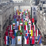 Regent Street in London welcomes the world to celebrate the Summer games. Flags from all the participating countries were launched on Regent Street today. The Mile of Style and the surrounding streets display brightly coloured national flags to celebrate the sporting spectacular.