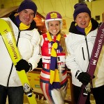 Monarch’s Russell Ison (left) takes to the slopes with champion skier, Chemmy Alcott and Leeds Bradford Airport’s Tony Hallwood (right)