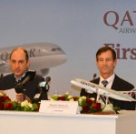 Qatar Airways Chief Executive Officer Akbar Al Baker, pictured left, with Boeing Commercial Vice-President International Sales Marty Bentrott at a packed press conference held at Doha International Airport after arriving onboard the carrier's first Boeing 787 direct from Seattle.