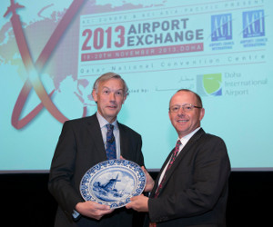 Executive Vice President of Doha International Airport Patrick Muller, pictured right, receives a traditional Dutch plate from Jos Nijhuis of Schiphol Amsterdam signifying the handover of the 2013 ACI Airport Exchange to Doha International Airport. The three-day event will take place November 18 – 20, 2013 at the Qatar National Convention Centre and is expected to attract over 2,000 delegates from around the world.