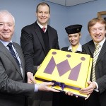 Monarch Airlines announces winter programme for 2013/14. (L-R) Leeds Bradford Airport’s Chief Executive, John Parkin, Monarch’s Commercial Director, Jochen Schnadt, Monarch Cabin Crew, Janine Mullin and Leeds Bradford Airport’s Commercial Director, Tony Hallwood