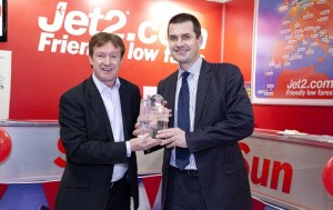Leeds Bradford Airport’s Commercial Director, Tony Hallwood, presents Steve Heapy, Jet2.com’s Chief Executive, with a glass globe plaque to mark the airline’s tenth anniversary