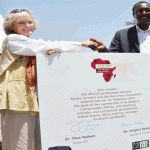 Ms Virginia Mckenna - Founder and trustee of Born Free Foundation shakes hands with Dr Naikuni after the signing ceremony held the at Nairobi National Park