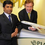 PIA’s Muhammad Shafique (L) and Leeds Bradford Airport’s Tony Hallwood (R) welcome the introduction of Pakistan International Airlines’ Boeing 777 operations from LBA to Islamabad.
