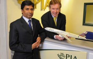 PIA’s Muhammad Shafique (L) and Leeds Bradford Airport’s Tony Hallwood (R) welcome the introduction of Pakistan International Airlines’ Boeing 777 operations from LBA to Islamabad.