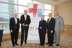 Pictured L to R: Rice University President David Leebron; Messe Dusseldorf Managing Director Joachim Schaefer; Houston Mayor Annise Parker; Texas Medical Center CEO Dr. Robert Robbins; Greater Houston Convention and Visitors Bureau President and CEO Greg Ortale.  Click image to download high res version.