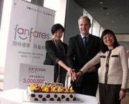 Cathay Pacific General Manager Marketing, Loyalty Programme and CRM Simon Large (middle), Cathay Pacific Manager Marketing Communications Grace Cheung (right) and Dragonair Marketing Manager Julianna Ng celebrated 3 million hits on 'fanfares' website at a media gathering today.