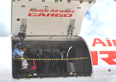 Dr Titus Naikuni, invited Guests and Journalists check out the new cargo plane.