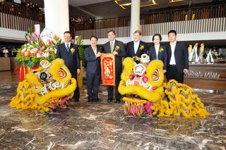 Photo caption: Don Cleary, centre, Marriott’s COO in Asia, at the opening of the Renaissance Johor Bahru with the hotels owners Mr and Mrs Lee, the Hotel’s General Manager Marc Cosyns, centre right, and Robert Stark, Marriott International market vice president, far left.