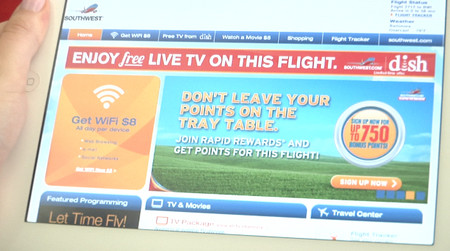 'TV Flies Free' on Southwest Airlines Compliments of DISH The Southwest Inflight portal clearly announces that 'TV flies free' onboard Southwest Airlines compliments of DISH.