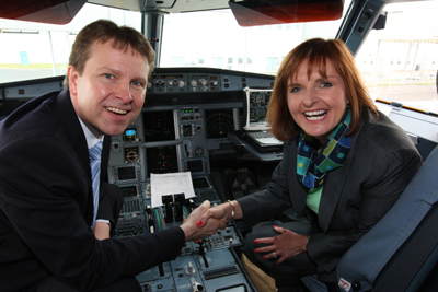 Matthew Thomas CEO of Liverpool John Lennon Airport with easyJet UK Commercial Manager, Ali Gayward.