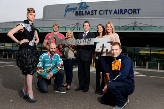 L-R Destiny Carlisle – model Colin Shields – Belfast Giants Paddy McAllister – Ulster Rugby Helen Cupples – Advocate for The A21 Campaign in Ireland and an organiser of Frocks for Freedom Paul Givan MLA, Chair of NI Justice Committee Kate Richardson – 2012 NI Woman of the Year Ruth Morgan - Communications Manager Paul Shiells – GAA Hurling