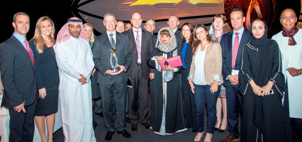 Ray Gammell, Etihad Airways’ Chief People and Performance Officer, celebrates the airline winning the award for Excellence Entity in Leadership at the Abu Dhabi Award for Excellence in Government Performance (ADEAP) 2013.
