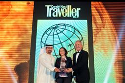 Orhan Abbas - Senior Vice President Commercial Operations (Latin America, Central & South Africa) and Thierry Antinori – Executive Vice President and Chief Commercial Officer, Emirates receiving the Conde Nast traveller Award for Best Airline – Business, from Rana Hariz, Business Development Manager – Middle East at BPA Worldwide (centre)