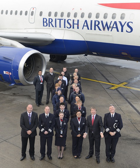 The Leeds Bradford team celebrating the first anniversary of British Airways’ London Heathrow route. Across the front of the figure one (left-right) are: Simon Lea, British Airways airport manager, senior first officer Edward Chapman, customer service agents Bryony Glover and Saima Akhtar, Tony Hallwood, Leeds Bradford airport’s aviation development and marketing director and Captain Christopher Shaw
