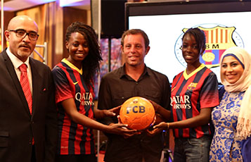 Sandro Rosell (middle) with Sami Debbiche, Qatar Airways Country Manager Kenya and Dana El Namly, Qatar Airways Regional Marketing Manager Africa