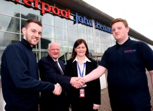 Apprentices Laurence Corris (far left) and Jordan Metcalf (far right) receive a warm welcome from Cllr Ronnie Round and LJLA’s Carol Dutton.