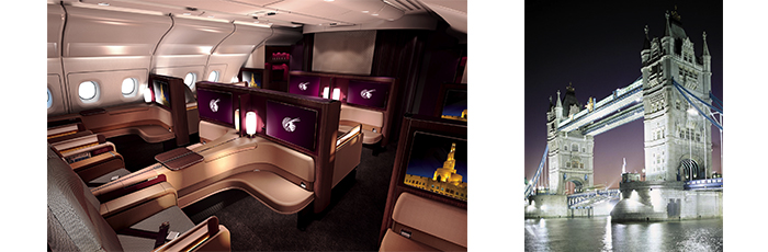 The new A380 First Class cabin and a famous London landmark, Tower Bridge.