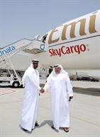 (Right) Khalifa Al Zaffin, Executive Chairman Dubai Aviation City Corporation, welcomes Emirates Divisional Senior Vice President, Cargo, to mark the start of Emirates SkyCargo freighter operations at DWC