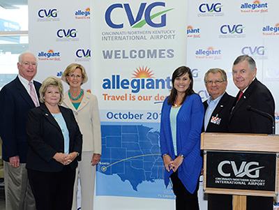 Gathering for Allegiant's announcement were (from left) Airport Board Member Merwin Grayson Jr., CEO Candace McGraw, Board Member Kathy Collins, Allegiant spokesperson Jessica Wheeler, Board Member Timothy Mauntel and Board Chairman William T. Robinson III.
