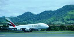 An Emirates A380 lands at Sir Seewoosagur Ramgoolam International Airport in Mauritius