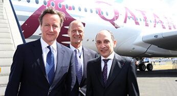 Qatar Airways CEO His Excellency Mr. Akbar Al Baker joins David Cameron and Airbus Group CEO Tom Enders at the official opening of the Farnborough Air Show 2014