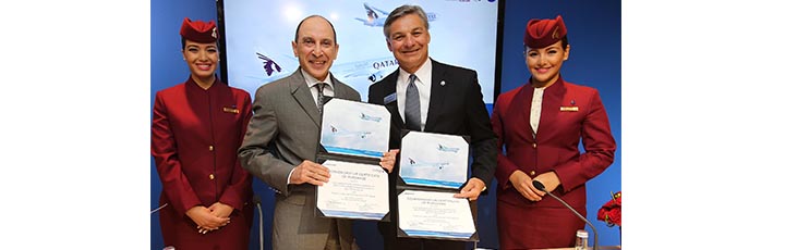 CEO of Qatar Airways, His Excellency Mr Akbar Al Baker announcing the largest single aircraft order in the airline's history, alongside Ray Conner, Boeing Commercial Airplanes President and CEO.