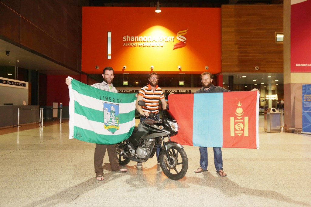 Local heroes return to Shannon Airport after completing 16,000km charity rally on motorcycle from London to Mongolia  