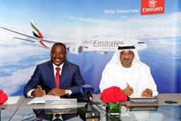 H.E. Augusto da Silva Tomás, the Minister of Transport for Government of Angola and His Highness Sheikh Ahmed bin Saeed Al Maktoum, Chairman and Chief Executive, Emirates Airline and Group sign the Management Concession Agreement