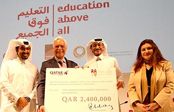 Pictured from left to right with the funds presented by Qatar Airways are; Mr. Fahad Al-Sulaiti, Deputy CEO of Education Above All, Mr. Marcio Barbosa, Chief Executive Officer of Education Above All, Mr. Mohsen Alyafei, Senior Vice President of Contracts and Procurement at Qatar Airways and Ms. Salam Al Shawa, Senior Vice President of Corporate Communications at Qatar Airways.