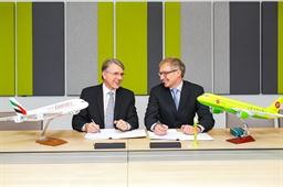 Brian LaBelle, Senior Vice President of Emirates Skywards (left) and Anton Eremin, Deputy CEO of the S7 Group sign the partnership agreement between both airlines.