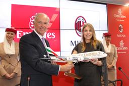 President Emirates Airline, Sir Tim Clark with AC Milan's President Barbara Berlusconi during a press conference at the Club’s headquarters, Casa Milano