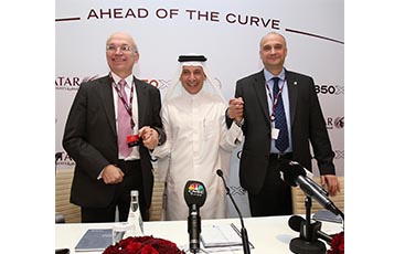 Qatar Airways Group Chief Executive, His Excellency Mr. Akbar Al Baker, hosted a press conference in Doha for more than 150 international media, for the inauguration of the world’s first A350 XWB. Joining Mr. Al Baker on the head table were Mr. Didier Evrard (left), Airbus Executive Vice President Head of Programmes and Mr. Eric Schulz (right), Rolls-Royce President of Civil Large Engines.