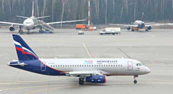 Aeroflot Sukhoi Superjet 100 with Second World War victory livery completes its first flight on the Moscow-Minsk-Moscow route