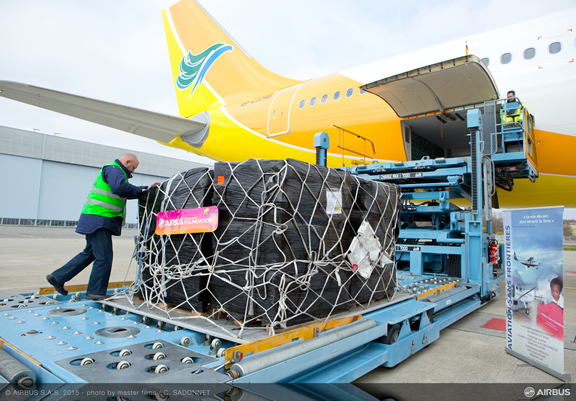 Ground crew loading relief goods on a Cebu Air A330-300 at Toulouse Airport for delivery flight to Manila.