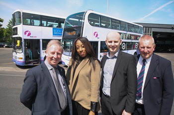 Pictured left to right: Bob Dorr, Business Manager, First Leeds; Victoria Walker, Bus Users; Iain Simpson, Keighley Bus Museum; Jeff Howarth, Bus Driver in Leeds with 39 years service who has driven both buses
