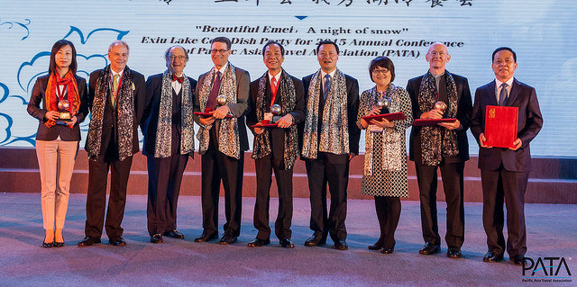 L/R: Dr Fanny Vong, President, Institute for Tourism Studies (IFT), Macau SAR (receiving the award on behalf of Ms Helena Lo, Director of Pousada de Mong-Ha, Institute for Tourism Studies, Macau SAR); Mario Hardy, CEO, PATA; Scott Supernaw, Immediate Past Chairman, PATA; Bill Calderwood, Managing Director, The Ayre Group Consulting, Australia; Stephen F.W. Chang, Managing Director, Fuller Express Corporation, Chinese Taipei; Zhang Tong, Deputy Secretary, Leshan Municipal People’s Government, China; Kate Chang, Los Angeles Convention & Tourism Board, China; Andrew Jones, Guardian, Sanctuary Resorts, Hong Kong SAR; and Yuanzhu Ma, Chairman of the Board, Mount Emei Leshan Giant Buddha Tourism Group Co., China.